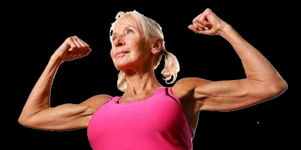 Older woman flexes muscles