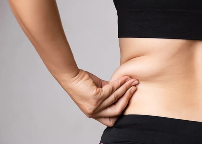 Fat woman hand holding excessive belly fat